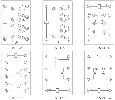 JSS-13時(shí)間繼電器背后接線圖及外引接線圖(背視圖)圖片 JSS-13時(shí)間繼電器背后接線圖及外引接線圖(背視圖)圖片