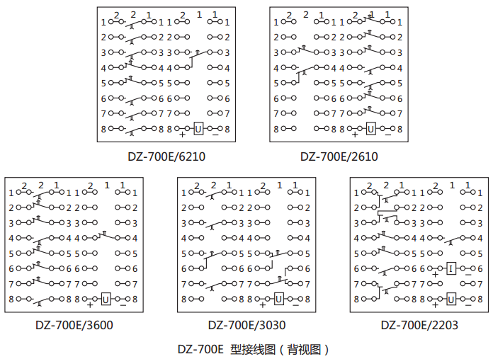 DZ-700E/6210中間繼電器內(nèi)部接線圖及外引接線圖(背視) DZ-700E/6210中間繼電器內(nèi)部接線圖及外引接線圖(背視)